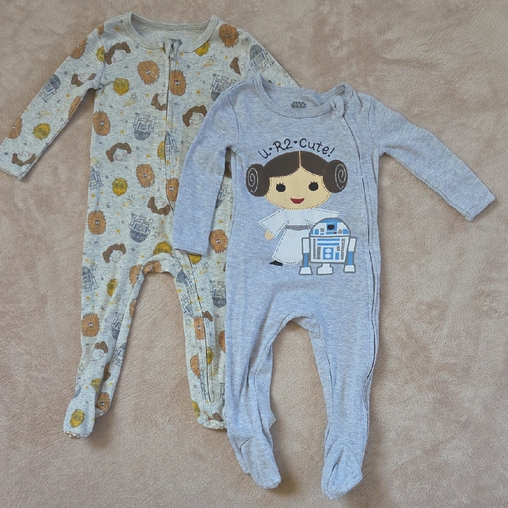 STAR WARS Princess Leia R2-D2 Baby Girls 2 Pack Zip Up Sleep N' Play Footie 12m - Picture 2 of 12